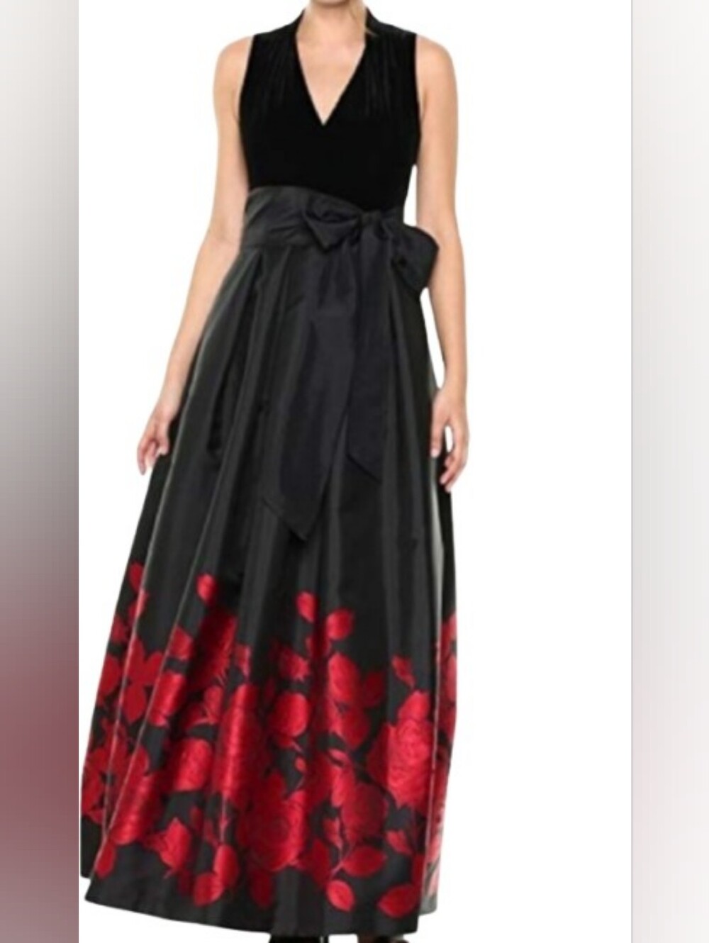 Eliza J Black & Red Floral Satin Ball Gown Formal Dress Size 6